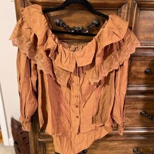 Urban Daizy Off The Shoulder Ruffled Lace Blouse - Brown